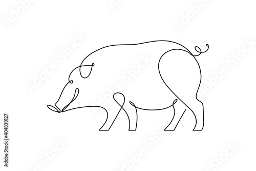 Pig in continuous line art drawing style. Funny hog searching for food minimalist black linear sketch isolated on white background. Vector illustration