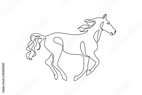 Horse in continuous line art drawing style. Running horse black linear sketch isolated on white background. Vector illustration