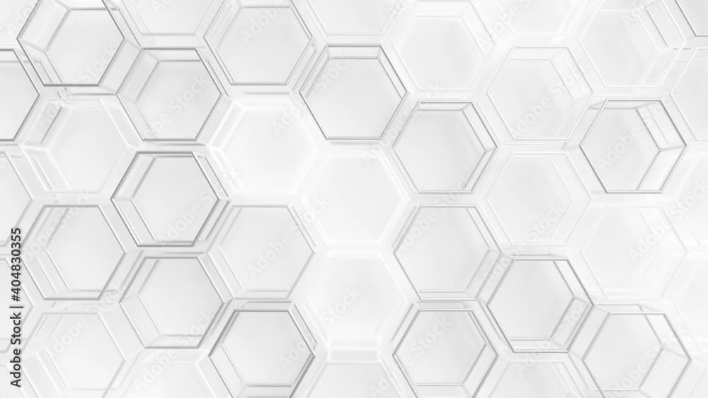 Wire Hexagons Array Loop 1 Silver x White: array of flashing wire hexagons, moving randomly, over a white background. Hollow silver and white hexagons. Motion design. Seamless loop. 
