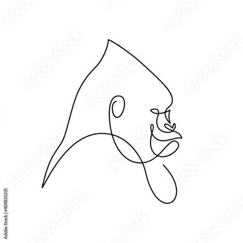 Gorilla portrait in continuous line art drawing style. Great ape primate minimalist black linear design isolated on white background. Vector illustration