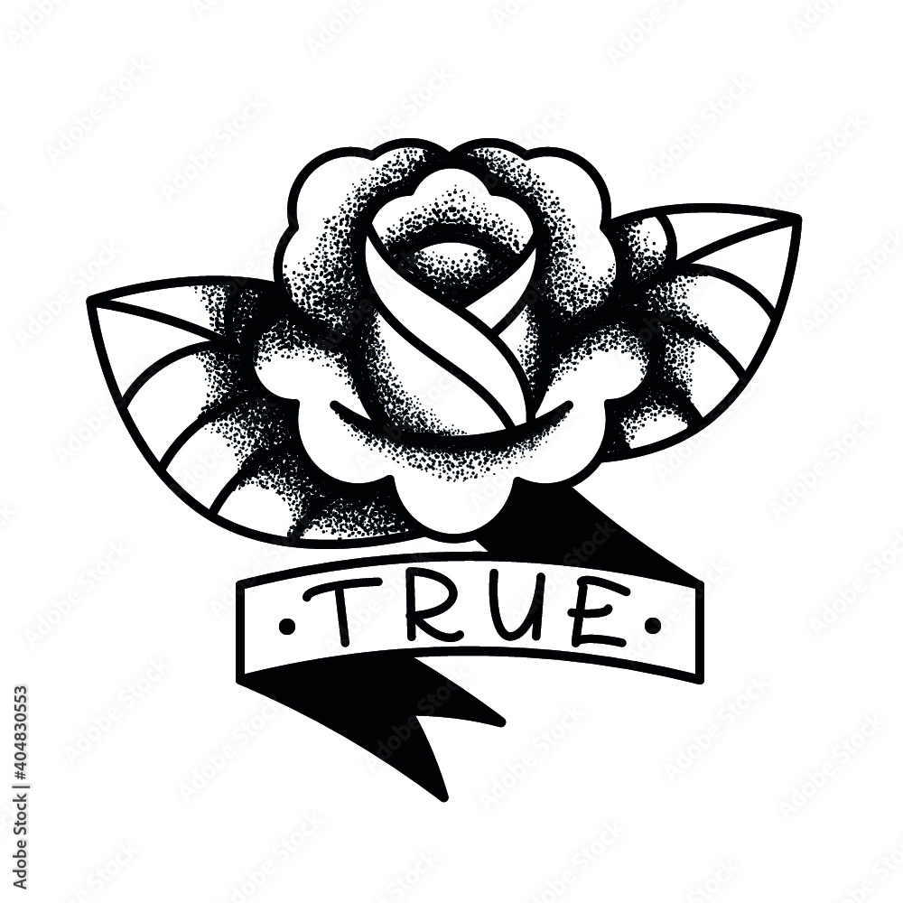 Vettoriale Stock Traditional rose tattoo with ribbon and lettering on it.  Vintage black and white dotwork tattoo design. Oldschool tattoo art. |  Adobe Stock