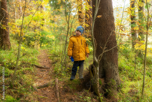 A boy in a yellow jacket walks through the woods