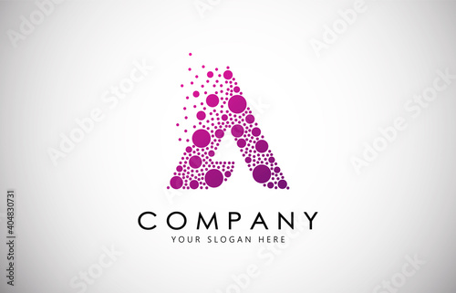 A Letter Logo with Dispersion Effect and Dots, Bubbles, Circles. A Dotted letter in purple gradient vector illustration.
