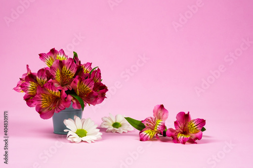 Purple alstroemerias with the word love. St.Valentine's card
