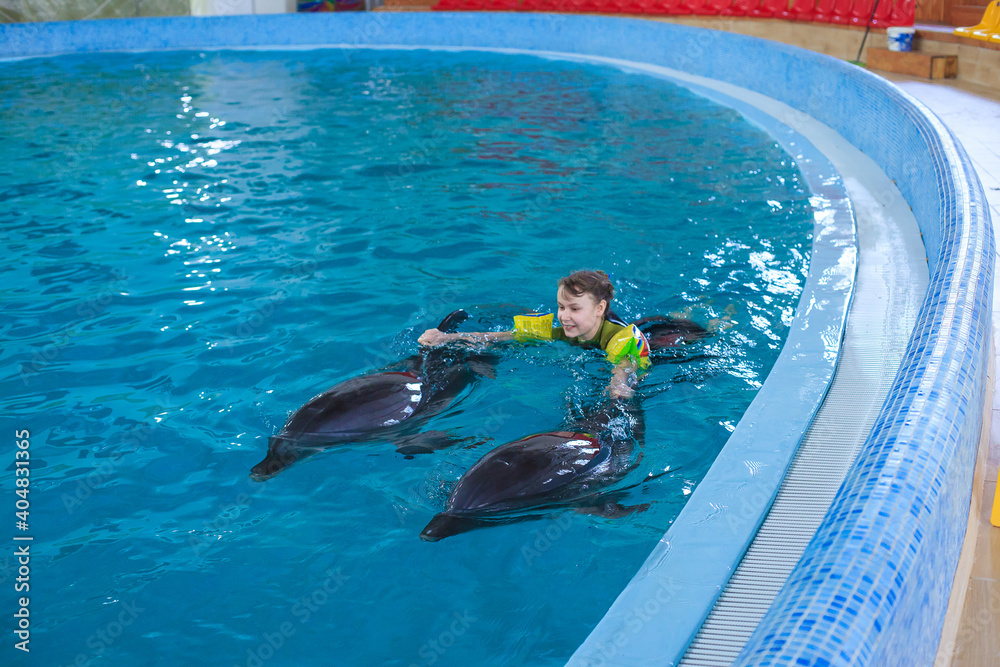 Dolphin therapy. Dolphins swimming with happy little girl in Dolphinarium. Swimming, bathing and communication with dolphins. Treatment of children by means of dolphins. Concept People and dolphins.