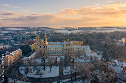 Aerial view of Zirc Abbey on a winter morning. Also known as Zircensis or Boccon, is a Cistercian abbey, situated in Zirc in the Diocese of Veszprém, Hungary. Hungarian name is Zirci apátság. photo