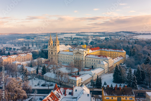 Aerial view of Zirc Abbey on a winter morning. Also known as Zircensis or Boccon, is a Cistercian abbey, situated in Zirc in the Diocese of Veszprém, Hungary. Hungarian name is Zirci apátság.