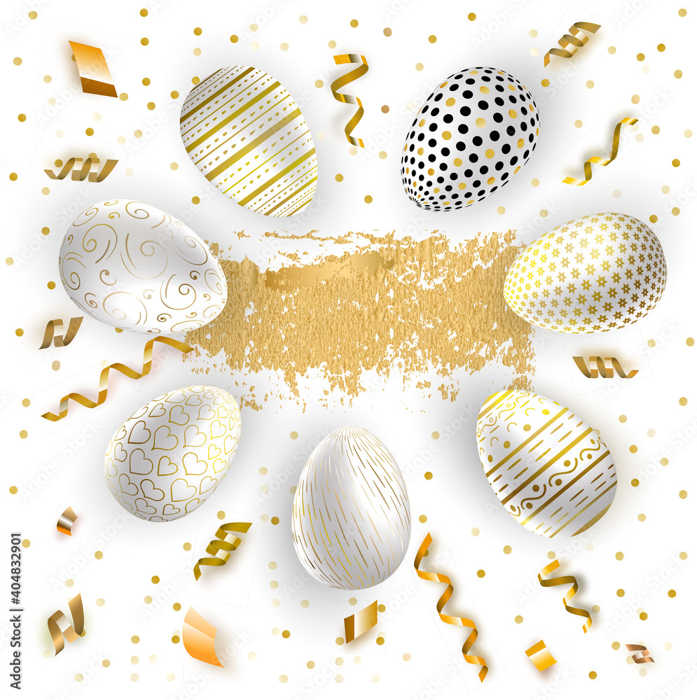Fototapeta White Gold Easter eggs and gold serpentine on white background. Vector realistic illustration. Serpantine pieces isolated and eggs.