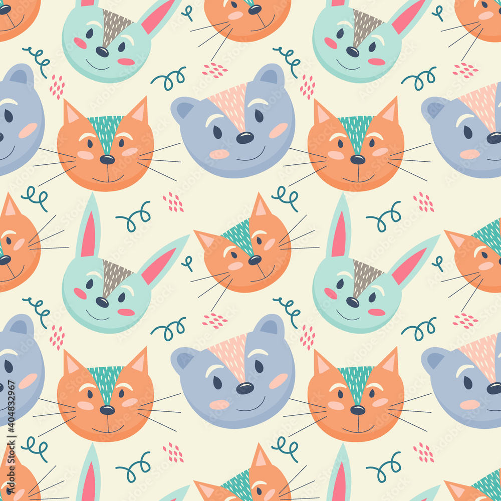 Scandinavian seamless pattern with cute animals rabbits, cats and a bear on a light background with lines. Vector illustration of Scandinavian animals for childrens room decoration