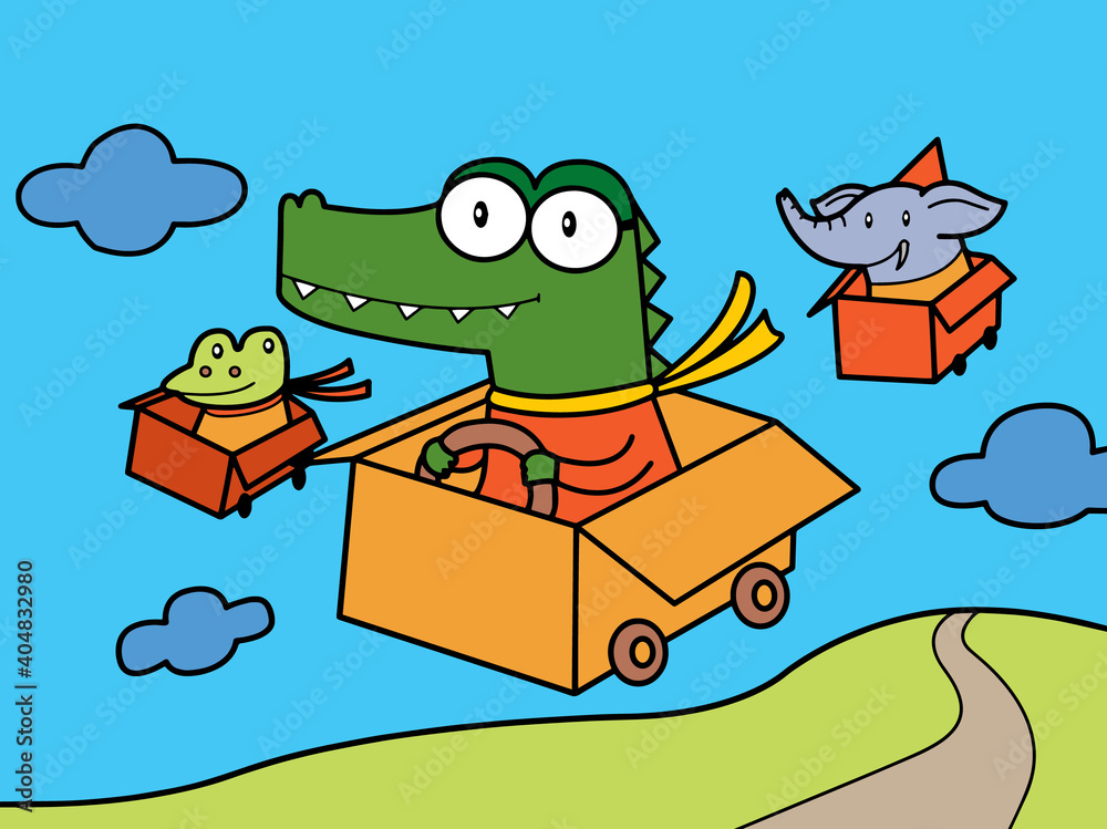 Obraz premium Crocodile fly in a box with elephant and frog