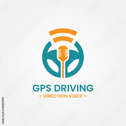 Voice gps drive point logo design template. Steering wheel, gps map location and voice icon vector combination. Creative driving training symbol concept.