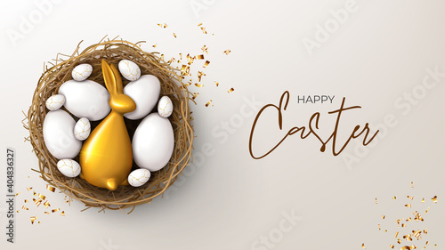 Happy Easter holiday banner template. Festive background with gold rabbit and white eggs in nest. Vector illustration with 3d decorative object. Greeting card with gold confetti.