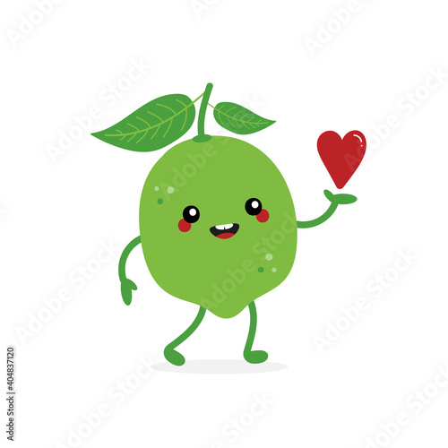 Cute cartoon style citrus green lime character holding in hand red heart. Love, appreciation and support concept.
