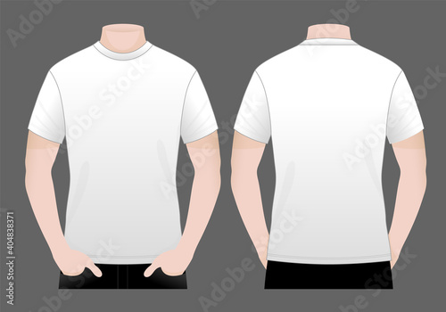 Men's Blank White Short Sleeve T-Shirt Template on Gray Background. Front and Back Views, Vector File.
