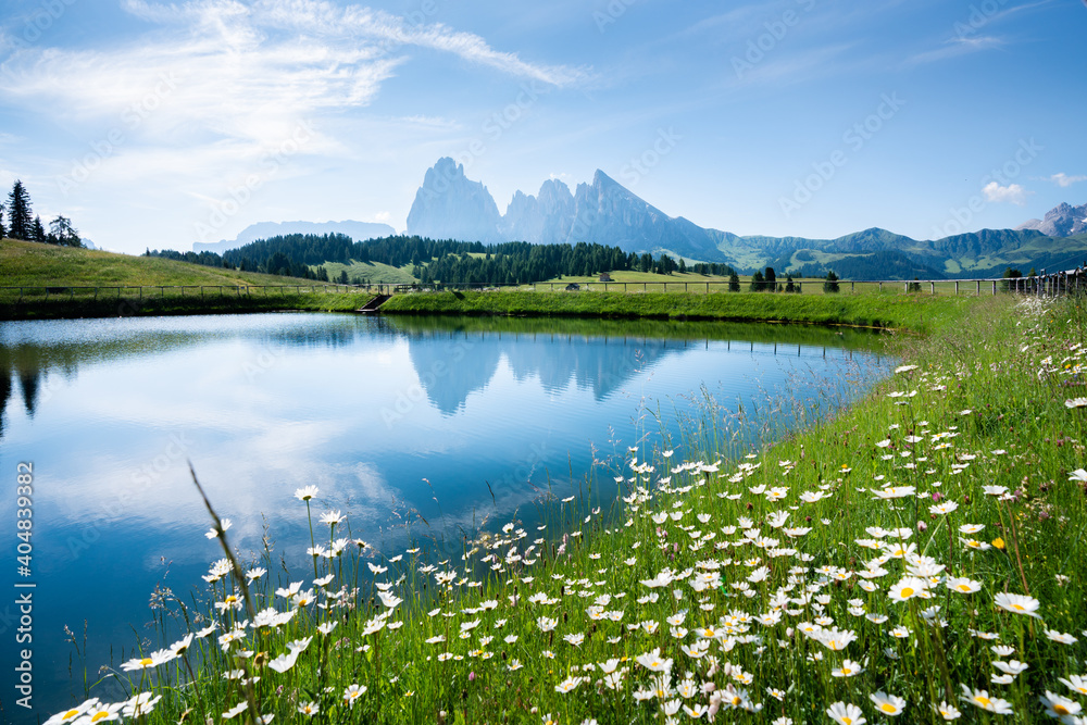 Wunschmotiv: Mountain landscape in the Alps with rugged peaks reflecting in alpine lake in summer #4