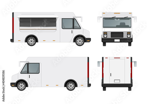 White food truck vector mock up template. Detailed realistic modern delivery service vehicle isolated on white background. Front, side, rear view. Can be used for branding, logo placement, advertising