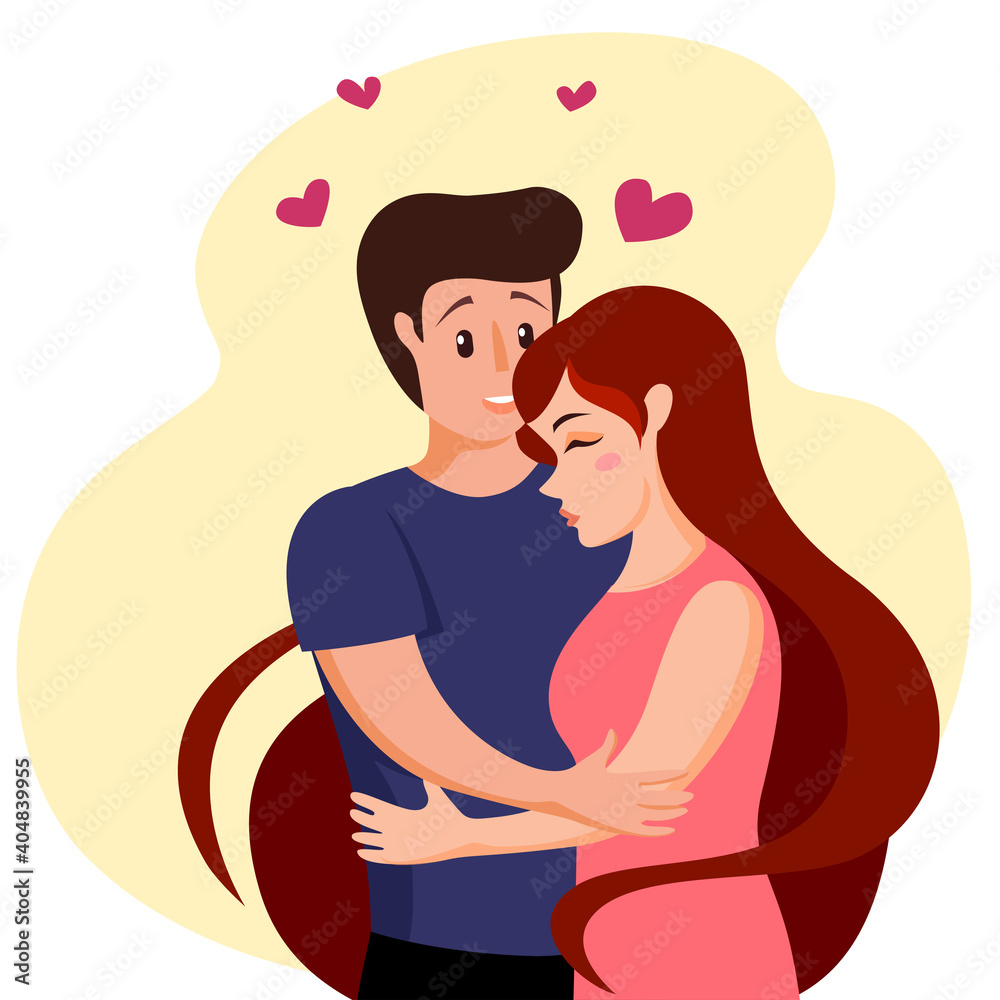 Beautiful young couple in love. Man hugs a woman. Vector illustration for Valentine's day