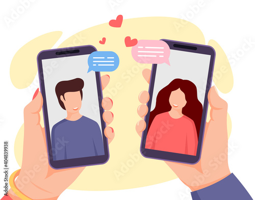 Dating in mobile application. Dating online. Hands holding smartphones with man and woman on screen. Young couple. Love concept in social network