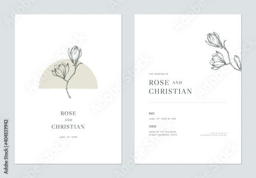 Minimal floral wedding invitation card template design, vintage magnolia line art ink drawing on white