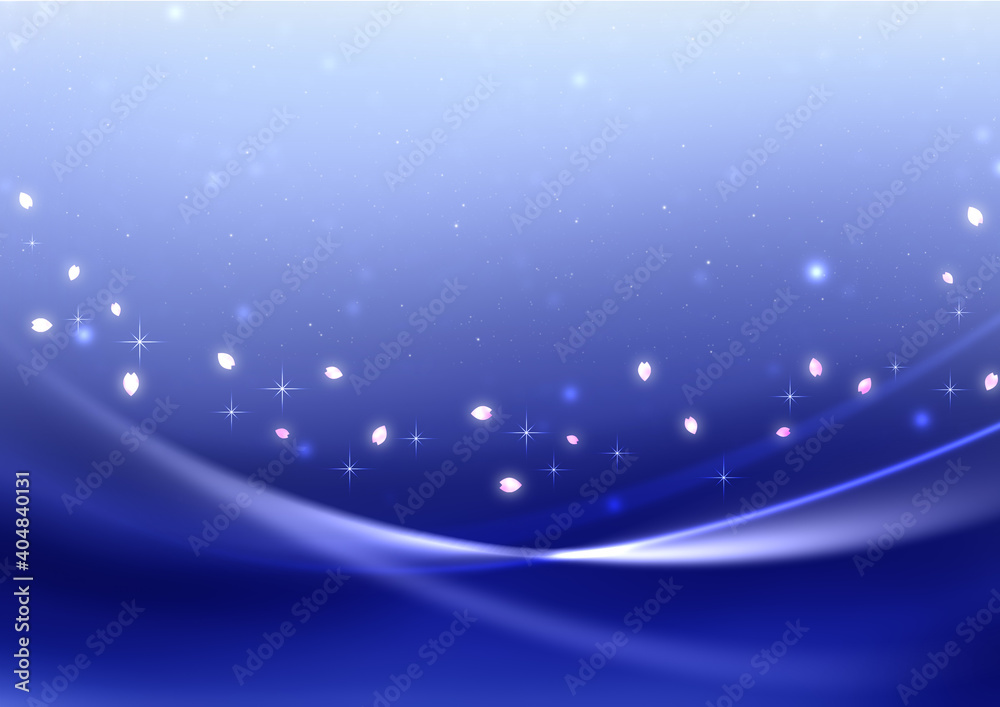 Obraz premium 夜桜 星空と桜吹雪と輝く曲線 背景素材（青紫色）