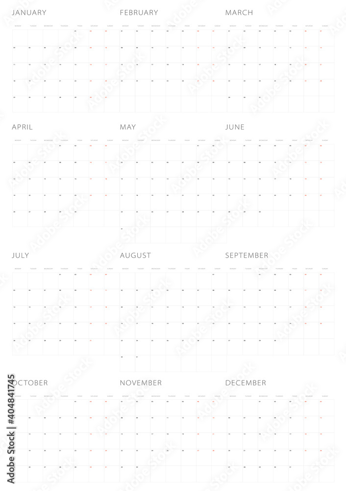 Simple Calendar template for 2021 on White Background. Week starts from Monday.