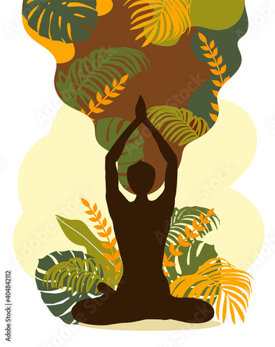 Woman sitting in lotus position. Meditation, yoga and mindfulness. vector illustration