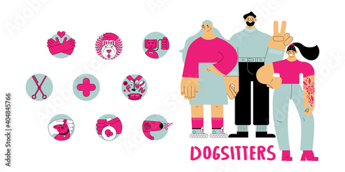 A set of characters and symbols, signs and services of the dog sitter.