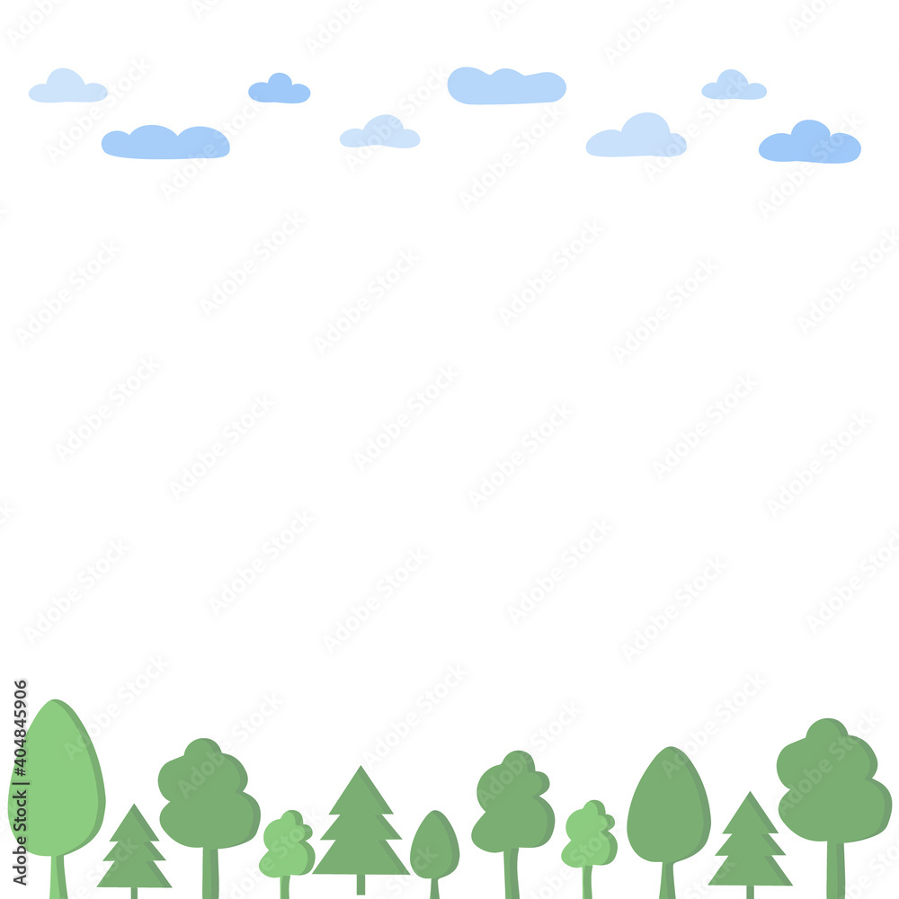 Illustration of an isolated line of trees and clouds with place for text in the middle. Background with row of trees and sky. Illustration of an isolated line of trees and clouds with place for text in the middle. Background with row of trees and sky.