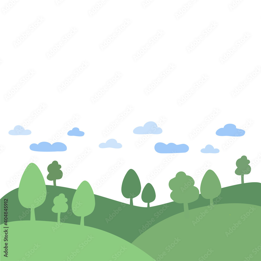 Spring background with green lawns, trees and clouds. Place for text.
