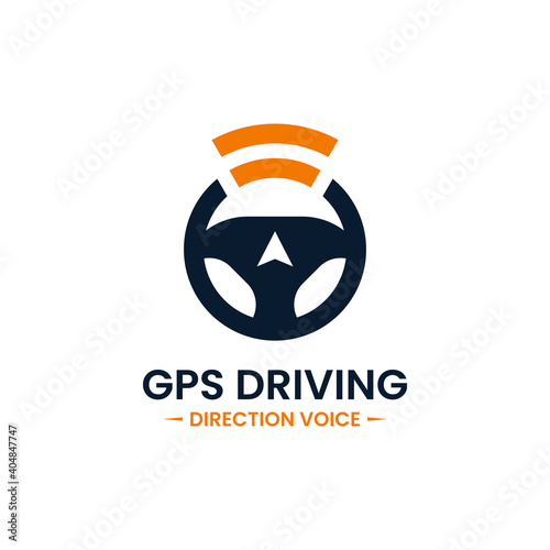 Voice gps drive point logo design template. Steering wheel, gps map location and voice icon vector combination. Creative driving training symbol concept.