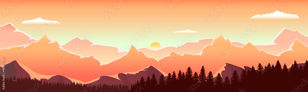 Sunset in a forest valley with mountains