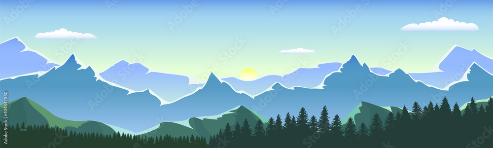 Sunrise in a forest valley with mountains
