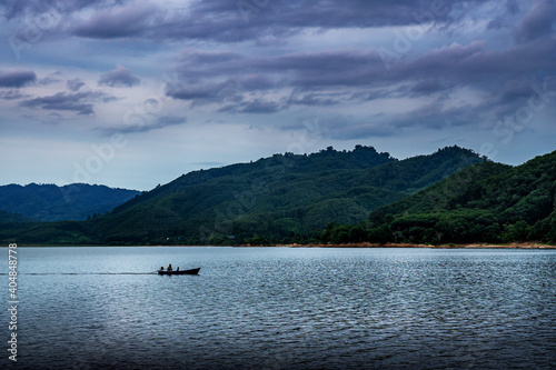 View of landscape nature in sky and cloud storm and river in rain season