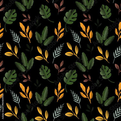 Colorful vector seamless pattern. Illustration of branches, leaves and palms. Perfect for packaging design and textiles.