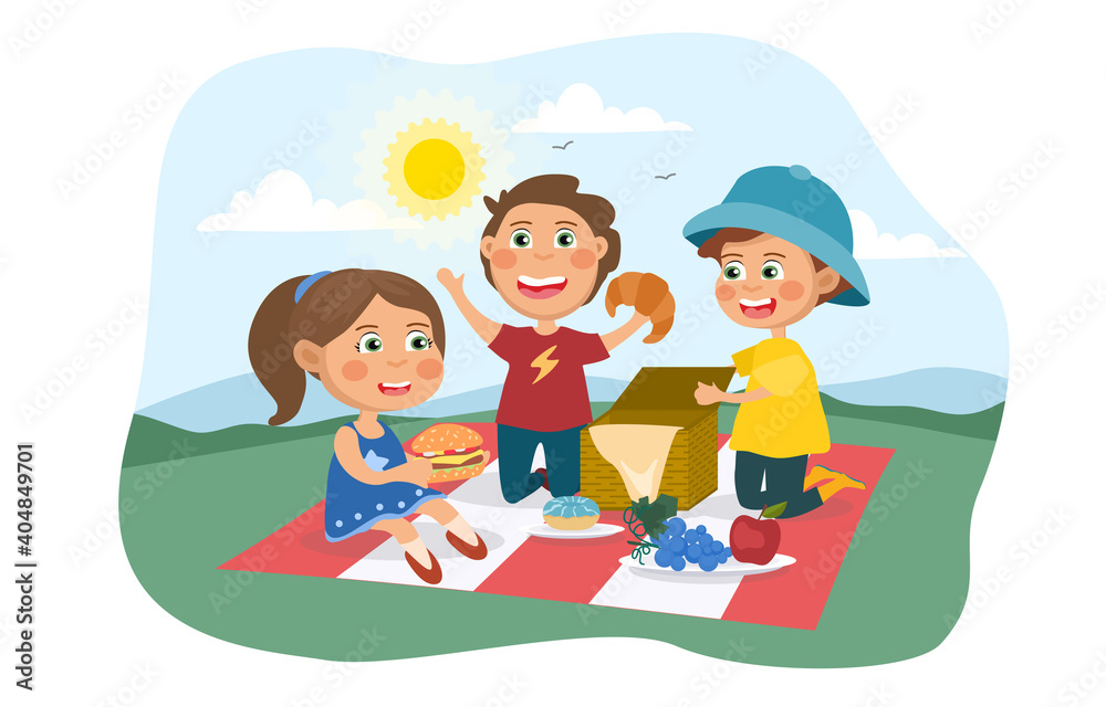 Three young children enjoying a summer picnic on a rug on the grass eating assorted food, colored cartoon vector illustration