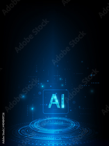Abstract futuristic digital and technology on dark blue color background. AI(Artificial Intelligence) wording with the circuit design.
