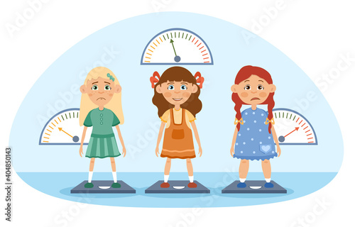 Three young girls being weighed on scales, with one too thin and one overweight looking unhappy and the centre girl smiling happily, colored cartoon vector illustration