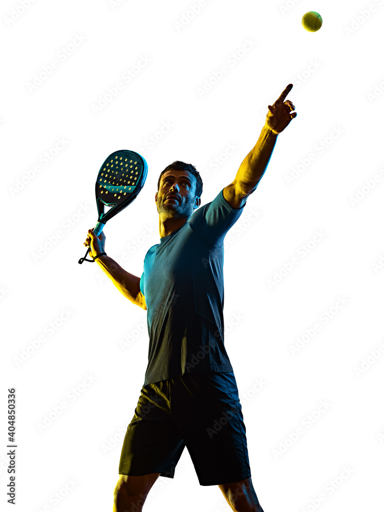 Fototapeta premium one caucasian mature man Paddle Padel tennis player shadow silhouette in studio isolated on white background