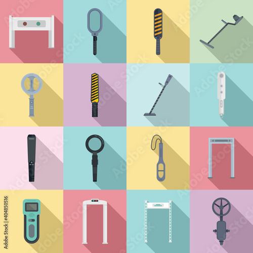 Metal detector icons set. Flat set of metal detector vector icons for web design