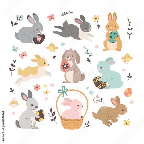 Easter rabbits collection. Vector illustration of cute cartoon multi colored bunnies in different poses and actions: sitting, jumping laying, holding the egg. Isolated on white