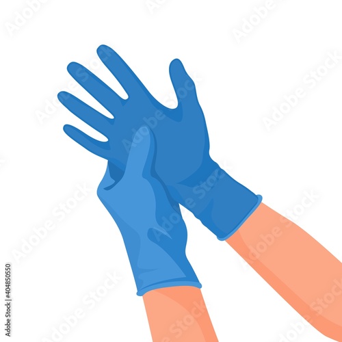 Hospital doctor wearing medical latex gloves on hands. Vector