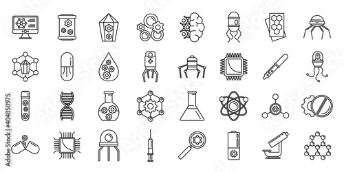 Nanotechnology science icons set. Outline set of nanotechnology science vector icons for web design isolated on white background
