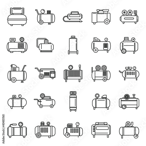 Modern air compressor icons set. Outline set of modern air compressor vector icons for web design isolated on white background photo