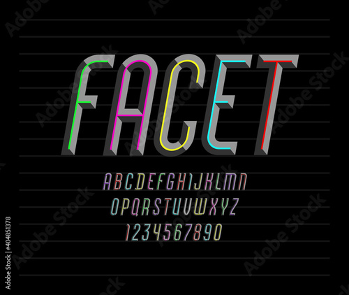 Font from facet, colored alphabet from chiseled block, bevel Latin italic letters from A to Z and Arab numbers from 0 to 9, vector illustration 10EPS