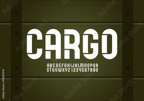 Stencil white font, condensed military alphabet, modern letters and numbers, vector illustration 10EPS