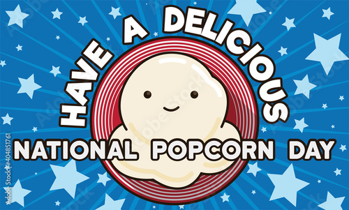 Cute Popped Kernel Inside a Button Celebrating National Popcorn Day, Vector Illustration