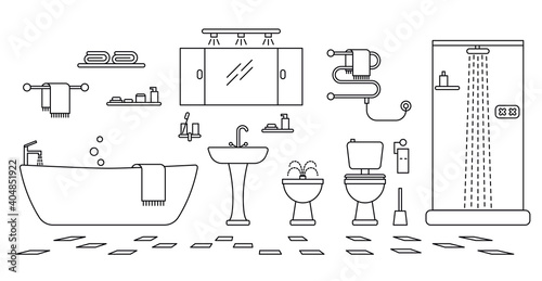 Bathroom interior line art vector illustration. Home Interior Objects