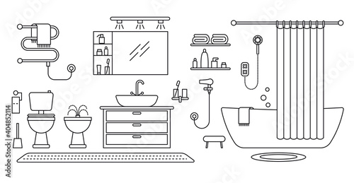 Bathroom interior line art vector illustration. Home Interior Objects