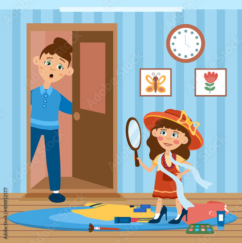Little girl playing with Mothers cosmetics as her distraught Mum opens the door to find her, colored cartoon vector illustration