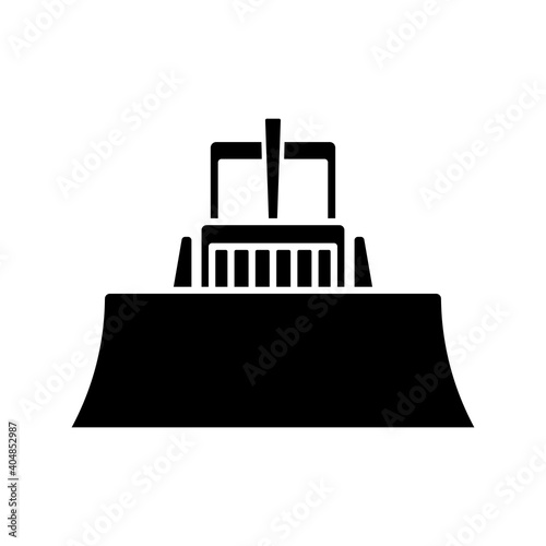 Bulldozer icon. Front view. Black silhouette. Vector flat graphic illustration. The isolated object on a white background. Isolate.